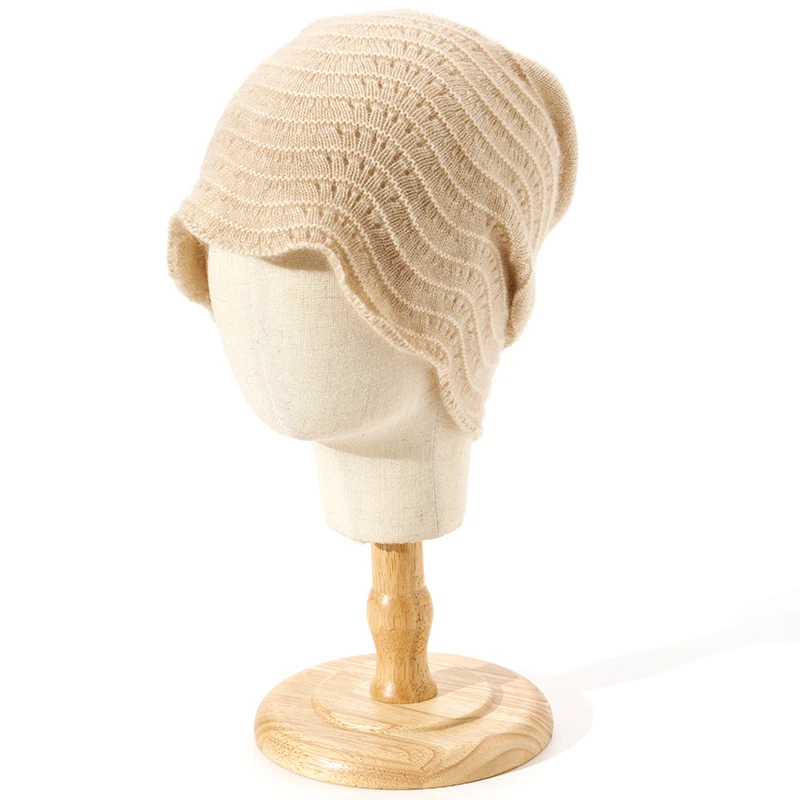 

Женская вязаная шапка из 100% кашемира с полыми лепестками на зиму, модная теплая волнистая крышка с ворсовым краем, защитная шапка для ушей для мужчин