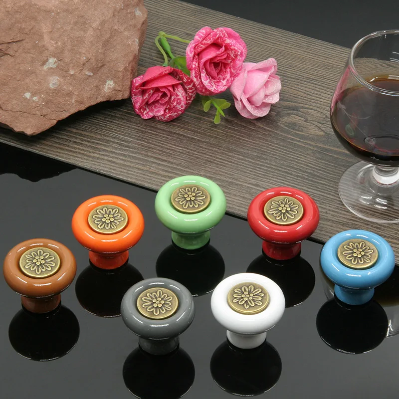 Round Bulbous Ceramic Cabinet Knobs Embossed Flower Handles Drawer Closet Room Furniture Door Hardware Cupboard Dresser Pulls