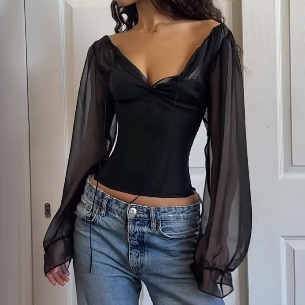 Chiffon Flared Long Sleeve Tops Autumn Sexy Women T-shirt Fashion Corset Party Bustier High Street Slim Camisole Casual Tank Top
