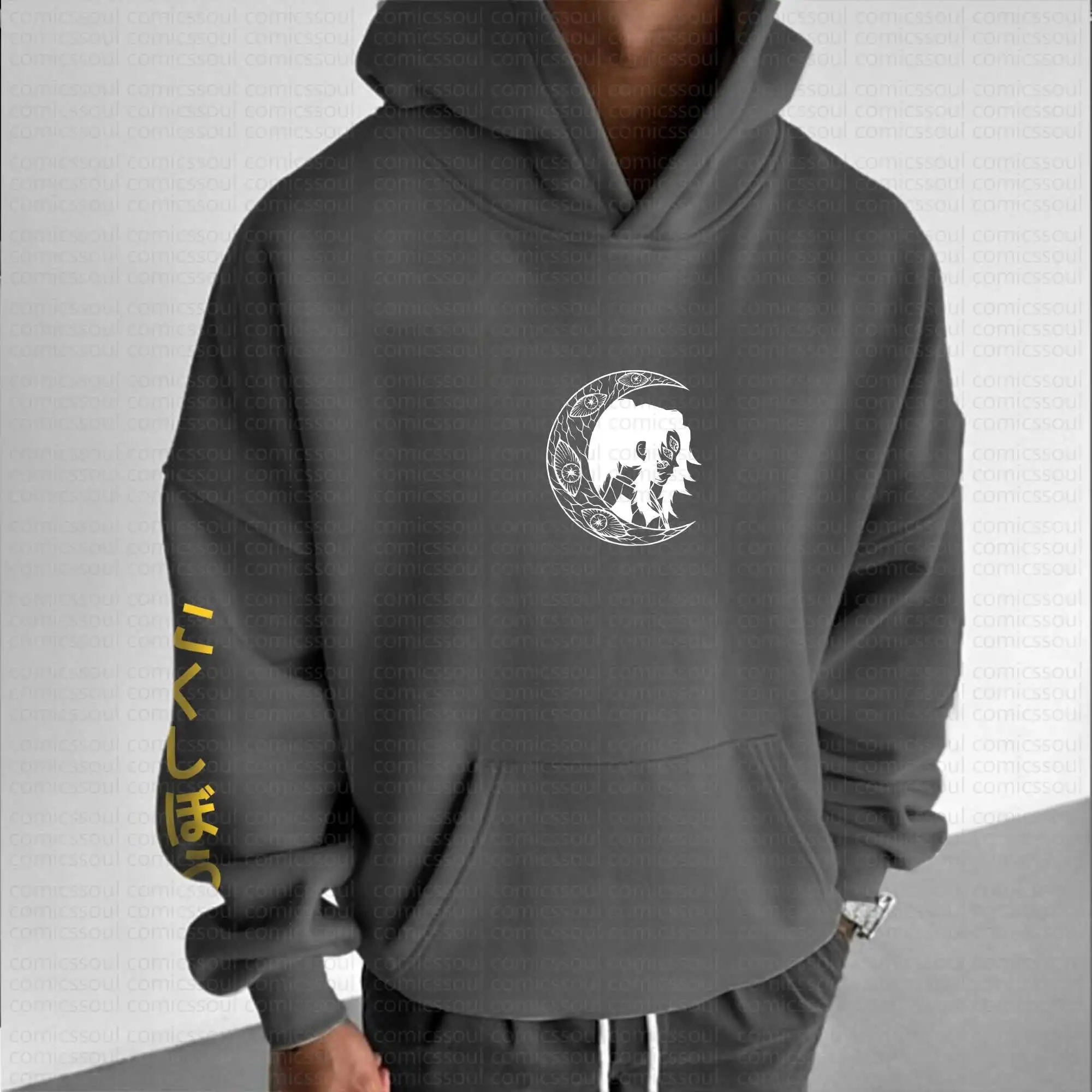 طقم هوديي رمادي على طراز الرسوم المتحركة اليابانية، سويت شيرت قطني بتصميم شعلة القمر مع نص الأكمام #2
