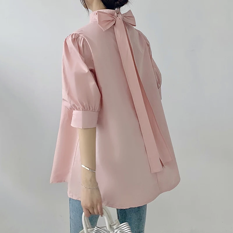 Chic Korean Puff Short Sleeve Bow Blouse Women Spring Summer Solid Color Shirt Vintage Loose Cute Tops