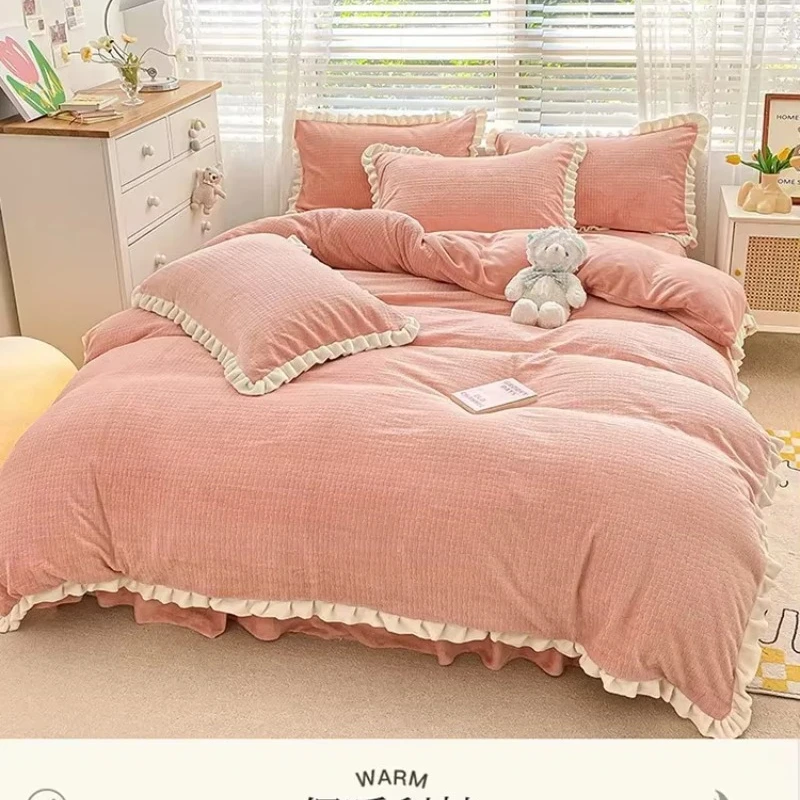 Carved milk fleece four-piece set thickened warm solid color winter flannel fleece quilt cover coral fleece bedding