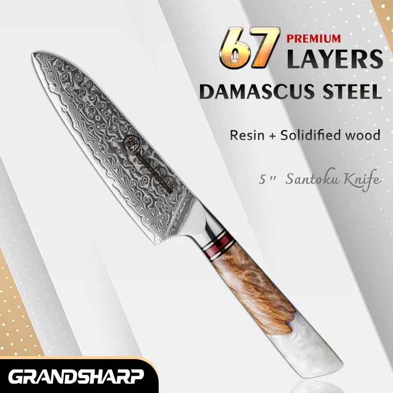 

Grandsharp 5''Santoku Knife 67 Layers Damascus Kitichen Knives 10Cr15C0Mov Steel For Fruit Meat Cooking Tools with Gift Box