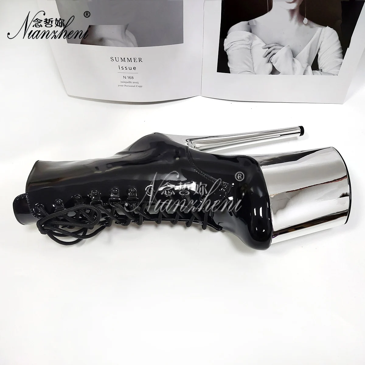 

Platform Women Shoes 20cm Exotic Pole Dance 8Inch Silver Stripper Black Shiny Ankle Boots Sexy Fetish Round Toe High Thin Heels