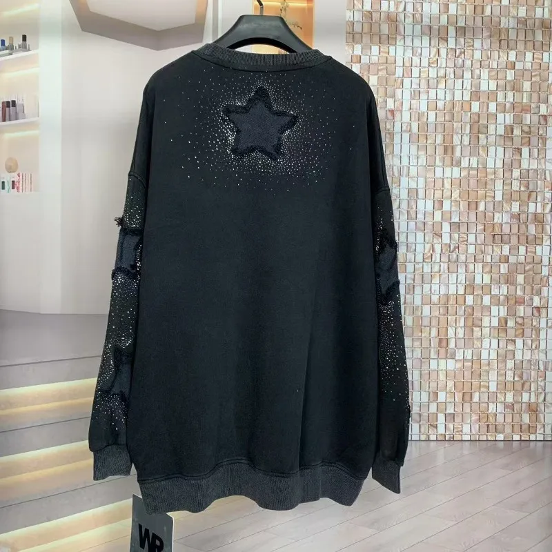 Moda novo outono y2k mangas compridas casaco pesado bordado cheio de diamante estrela de cinco pontas comprimento médio solto moda moletom topo