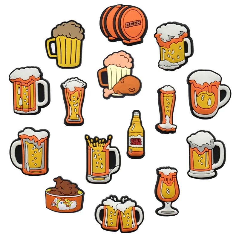 1-15Pcs Cartoon Beer Fried Chicken Shoe Charms for Croc Accessories Pins Slides Sandals Shoe Decoration Buckle Fit Friends Gifts