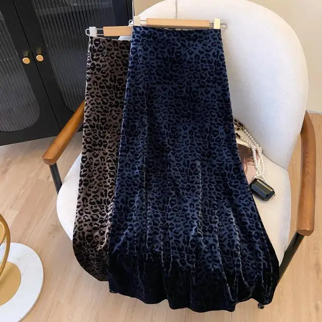 Autumn Women Clothing Vintage Leopard High Waist A-line Skirt Ladies All-match Fashionable Long Dress Femme Temperament Skirts