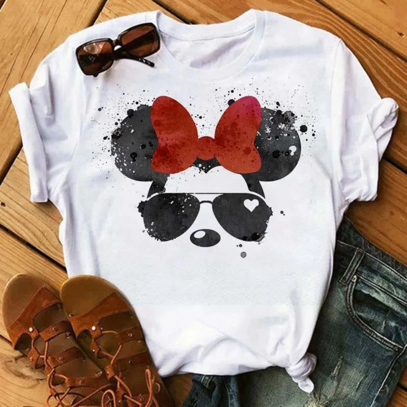 2025 Disney Cartoon Mickey Mouse Print Cotton T-Shirt Women Top Graphic Hippie Tees Funny Harajuku T-shirt Fashion Female Tshirt