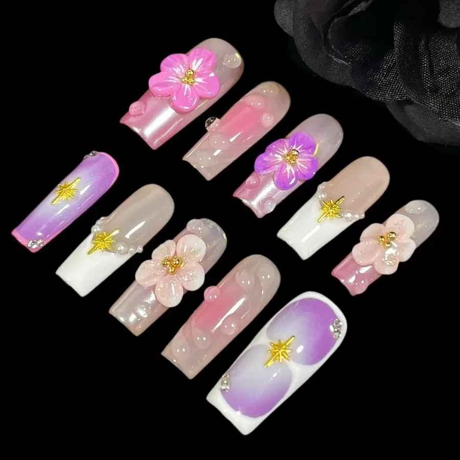 Handmade Press On Nails Medium Long Square Pink 3D Sakura Design Reusable French Acrylic Fake Nails with Gold Stars Pearls for