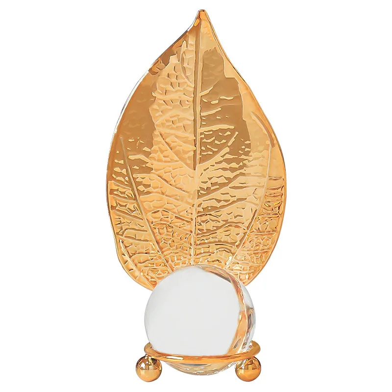 Iron Art Oak Leafs Crystal Ball Ornament Modern Minimalist Home Desktop Creative Metal Maple Leaf Ornament