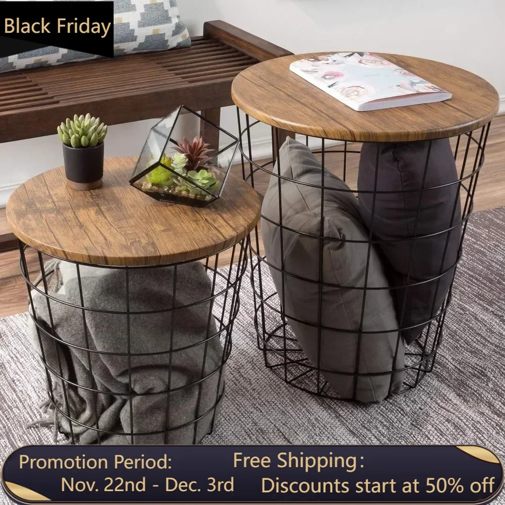 End Storage – Nesting Wire Basket Base and Wood Tops – Industrial Farmhouse Style Side Table Set of 2, 17.75D x 17.75W x 21H in