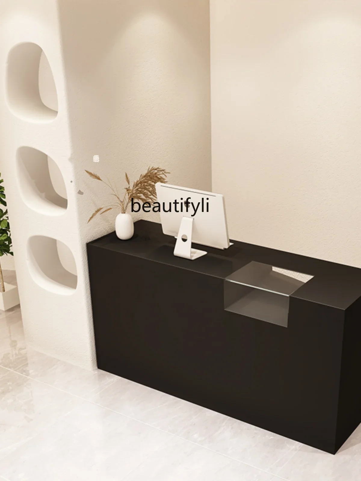

Simple modern checkout page store small front desk glass counter black integrated cabinet commercial