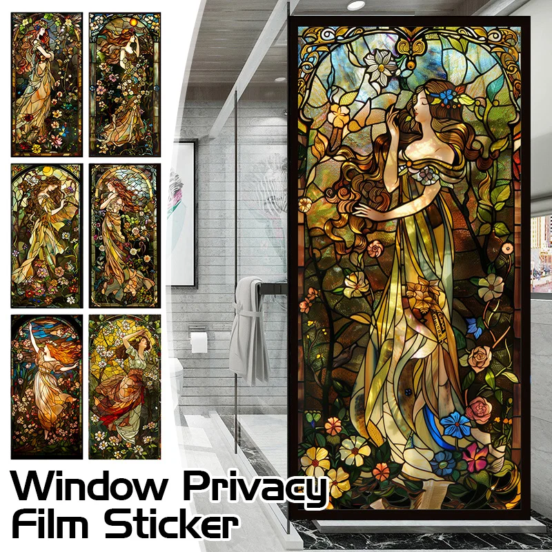 

European Retro Church Stained Glass Window Film Balcony Window Sliding Door Privacy Film Static Cling Translucent Stickers
