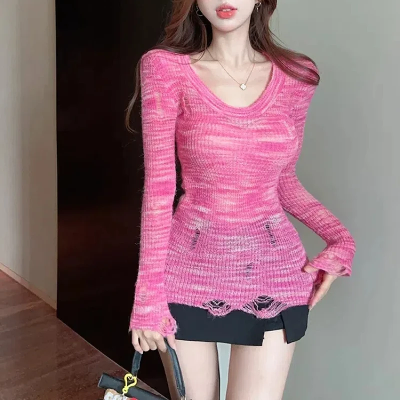 V-Neck 2024 Spring Autumn New Long Sleeve Thin Knitted Fashion Design Sense Hole Flowy Women's Clothing Ornate Elegant Tops