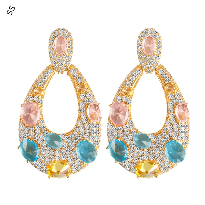 

Light Luxury Heavy Handmade Design Sense Rainbow Romantic Earrings Colorful Exaggerated Banquet Gems Zircon Jewel Accessories