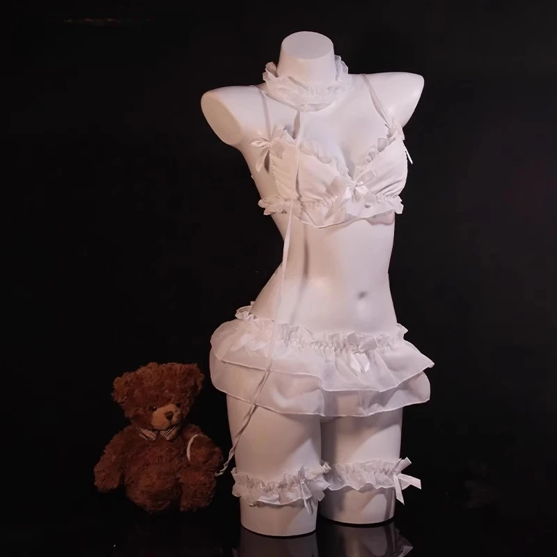 

Kawaii японский комплект нижнего белья Лолита сексуальный косплей нижнее белье с рюшами наряд бюстгальтер и трусики с подвязками костюм школьницы нижнее белье