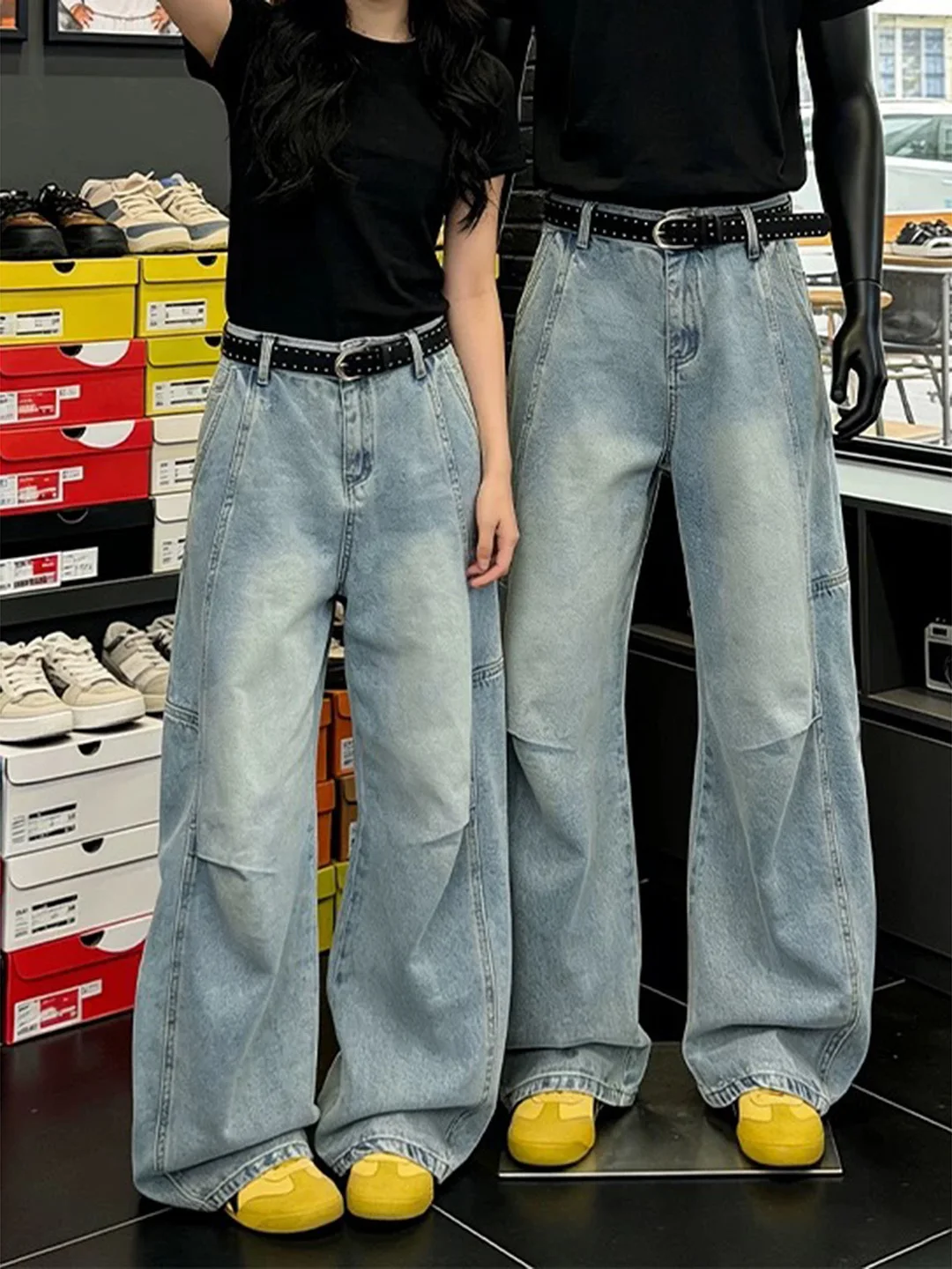 

Light Blue Pleated Workwear Jeans Men's Straight Leg Waed Folded Trousers Cleanfit Flared Pants mid Waist Zipper Closure