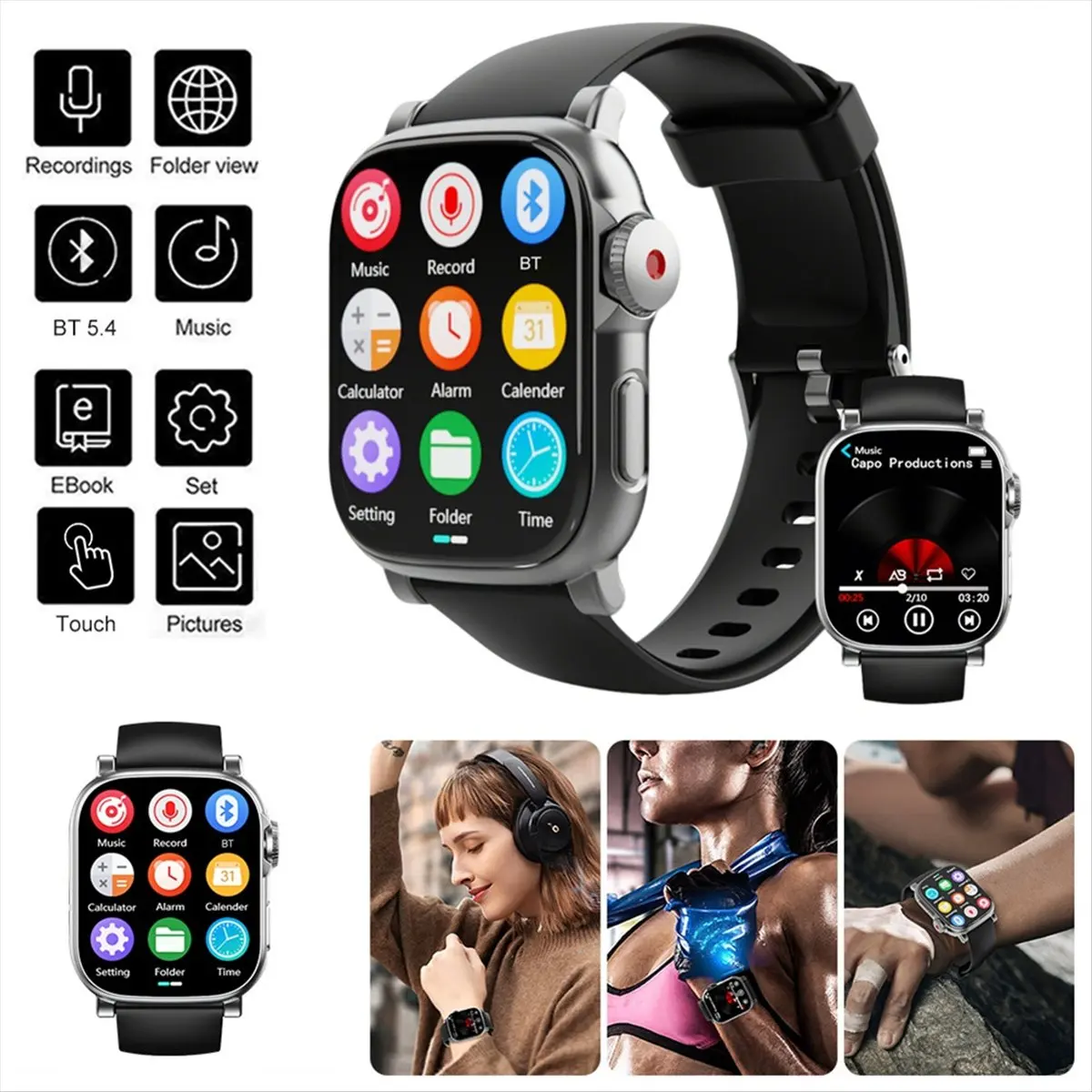 

Just- MP3 Player Watch BT 5.4 Touch Screen Music Player Built-in Speaker Voice Recorder for Sports Running Gym Sports Watches
