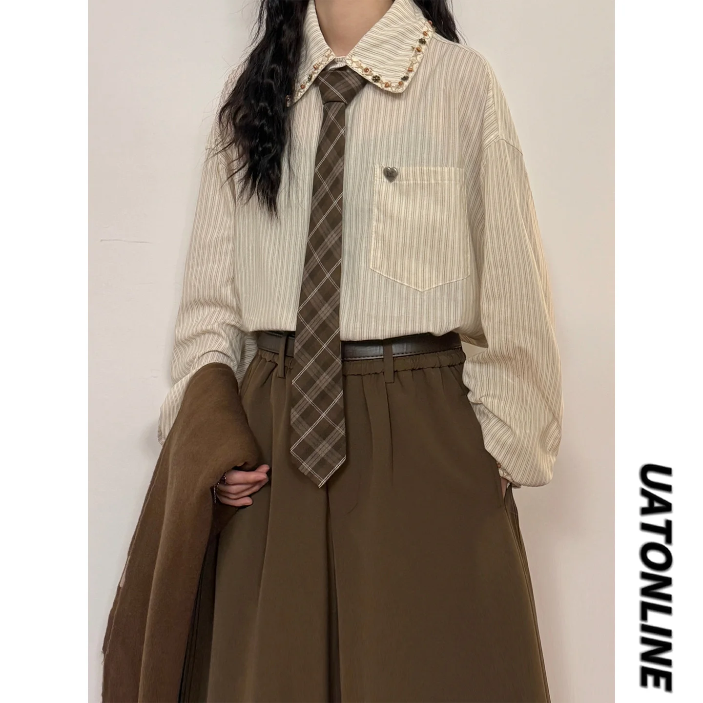 

UATONLINE Осенне-зимняя женская рубашка в американском ретро-стиле с полосками, бусинами и завязками, свободного кроя, с длинным рукавом, на пуговицах, с воротником