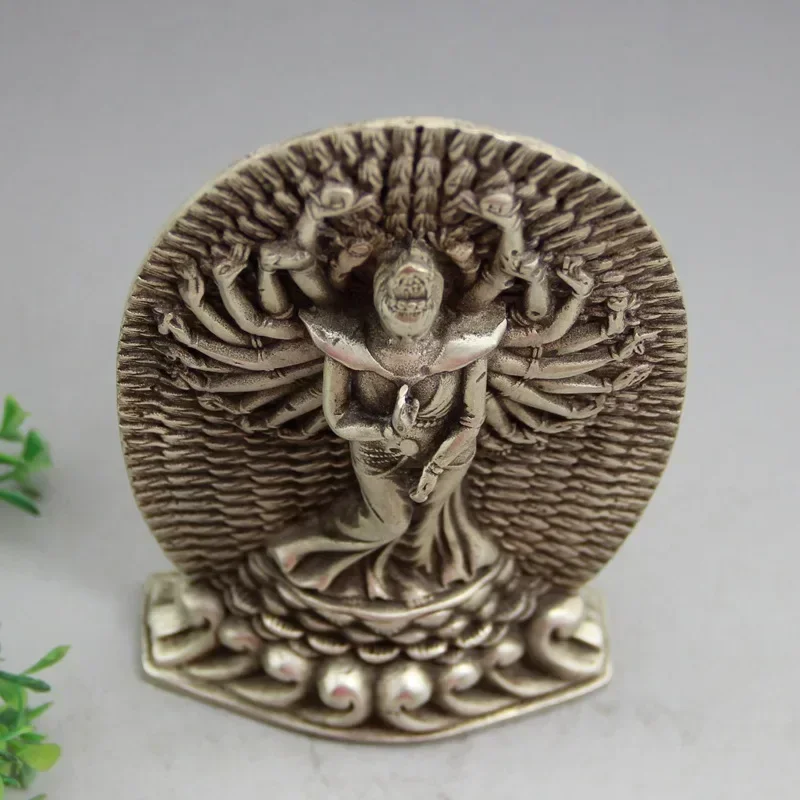 27cm Brass Crafts Rare Decorated Handwork Tibet Silver Carving Hands Kwan Yin Statue