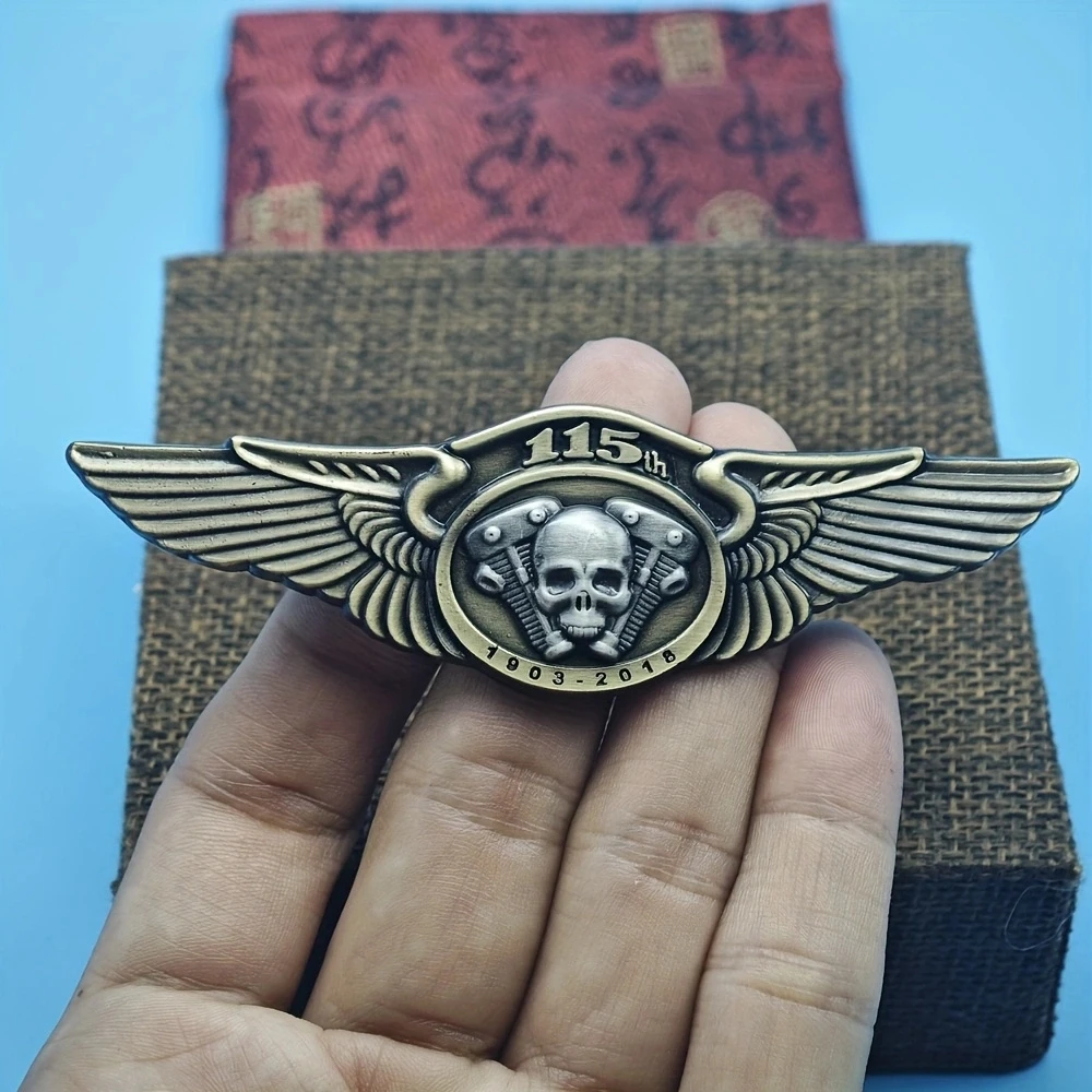 Vintage Locomotive 115th Anniversary Pin Metal Skull Double Wing Biker Badge Engine Club Brooch Clothes Hat Decoration