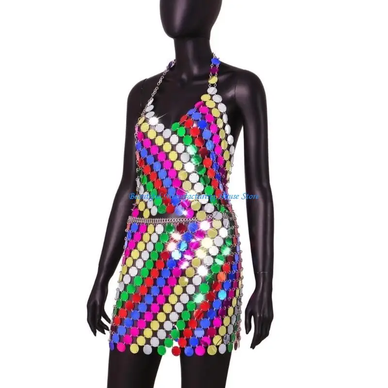

E56A Colorful Sequined Halterneck Bra Crop Top Adjustable Body Chain Beachwear Sexy Backless Body Jewelry Camisole for Women