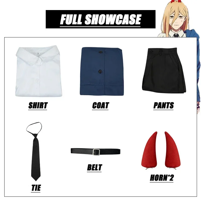 Anime Homem Motosserra Power Cosplay Traje para Mulheres, Jaqueta Azul, Calças, Peruca Chifre, Trajes de Halloween, Uniforme para Homem