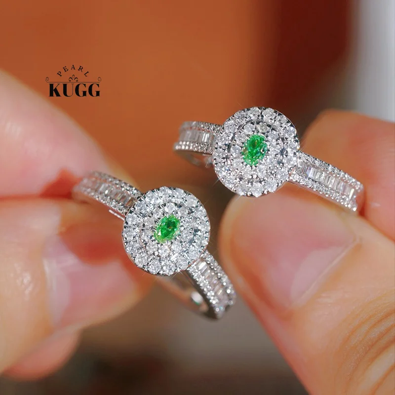 KUGG 100% 18K White Gold Rings Fashion Oval Shape Real Natural Green Diamond Engagement Ring for Women High Party Jewelry