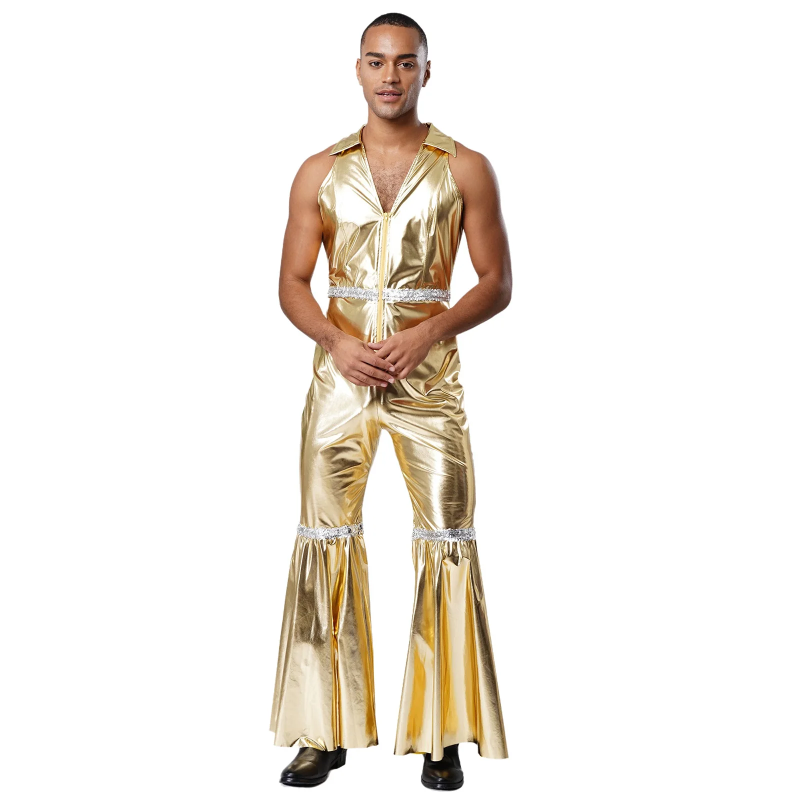 

Adult Men Shiny Gold Color 70s Disco Party Dance Jumpsuit Slim Fit Flare Pant Bodysuit for Retro Party Jazz Performance Costumes
