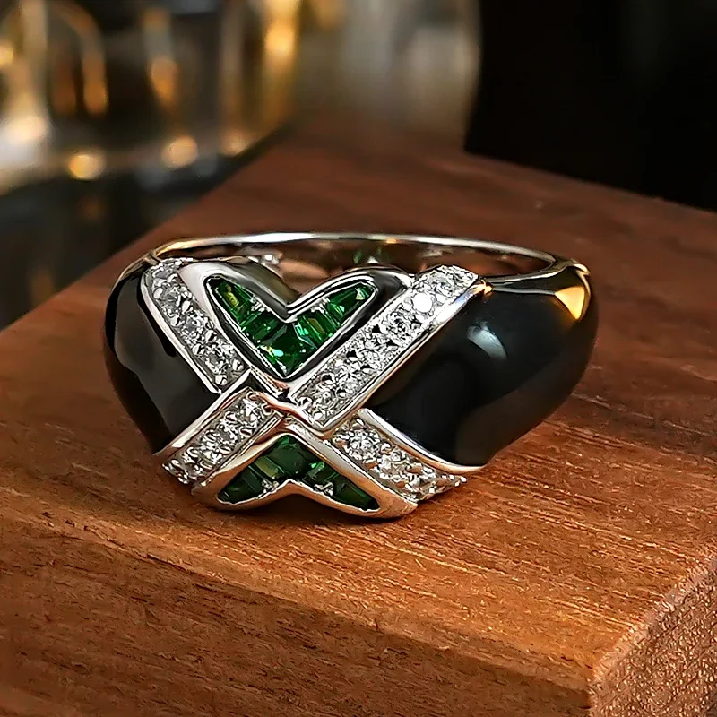 Middle ancient style 925 silver drop glaze emerald retro dark ring cool and cool style with a unique and niche personality