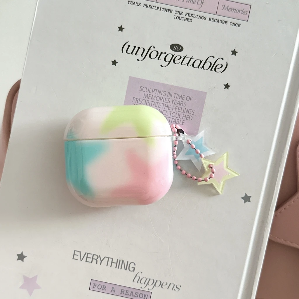 Pink Blue Green Gradient Star Pattern With Charm Pendant Earphone Cover Case for AirPods 1 or 2 3 4 5 Pro 2