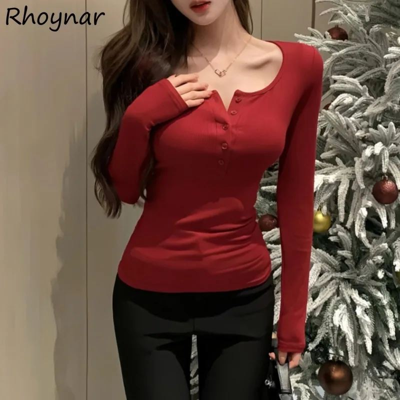 

Red T-shirts Women Korean Style Long Sleeve Slimming Button Design Inner Basic Casual All-match Soft Streetwear Autumn Popular