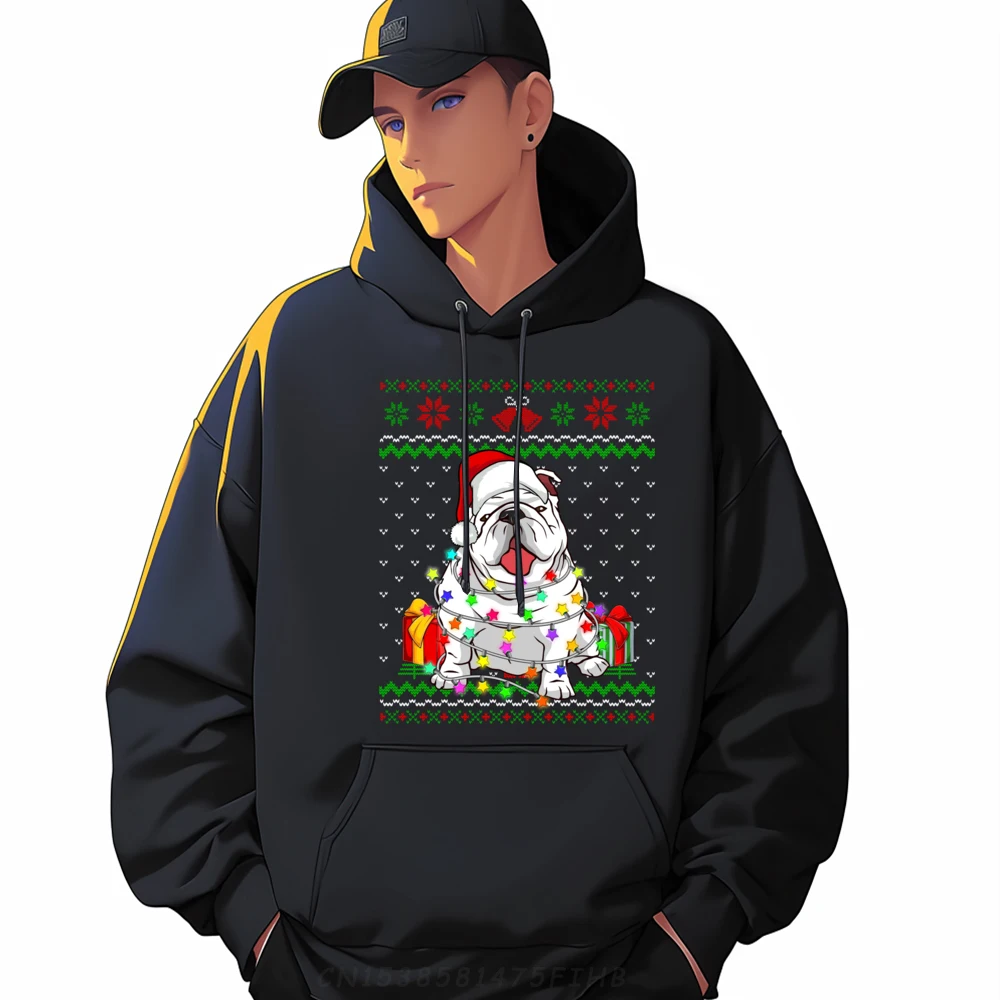 

Ugly Sweater Christmas Lights English Bulldog Dog Lover Christian Hoodie Men Durable Long Sleeve Sweater Men Chinese Style