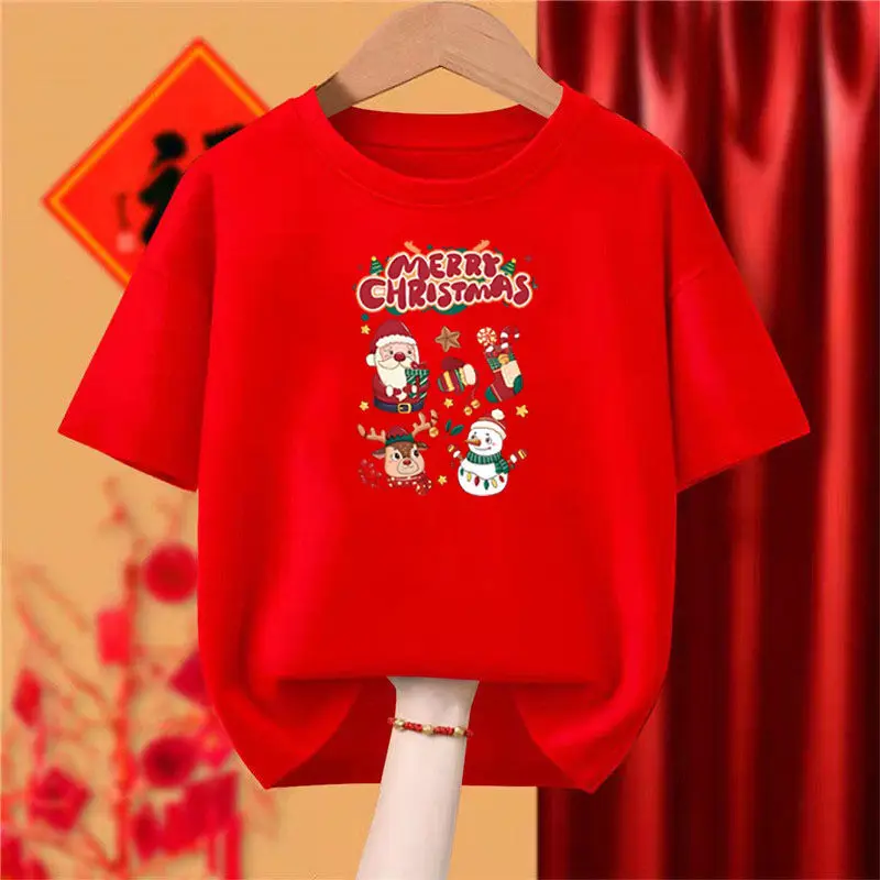 Girls Merry Christmas Round Neck Printed Girls Short Sleeve T-Shirt Tops 2027 Versatile