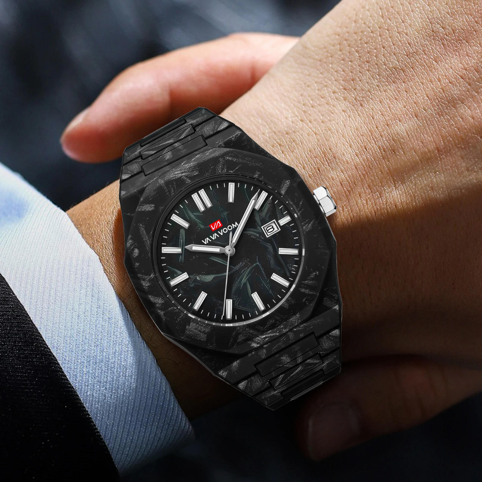 VA VA VOOM Top Brand Men Watch Original Marble Pattern Business Style 40mm Clock 3Bar Black Silicone Sports Quartz Watch for Men