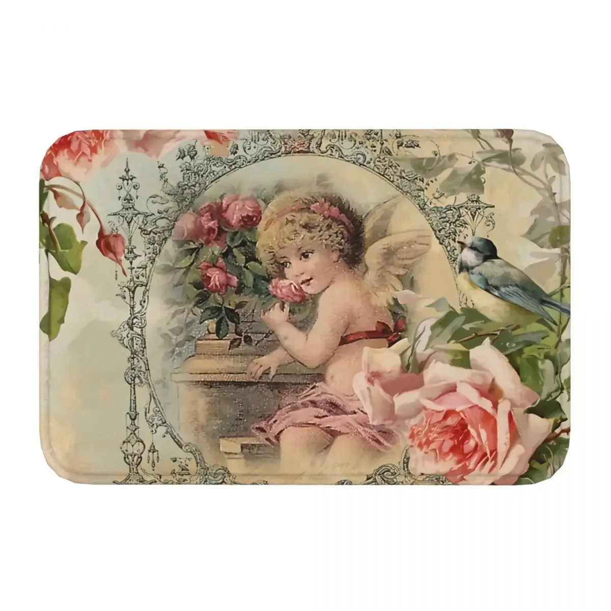 Bath Mat Victorian Angel Print And Pink Roses Doormat Living Room Carpet Outdoor Rug Home Decoration