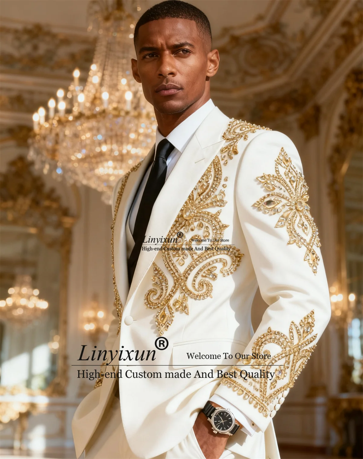 

High End Crystal Rhinestones Men Suits Customized Wedding Tuxedos Slim Fit Handsome Ropa hombre 2 Pieces Sets Groom Male Blazers