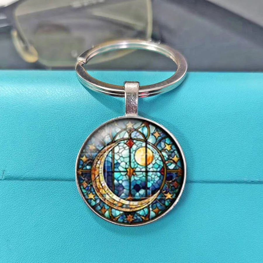 Swirl Gradient Orange Gold Crescent Moon Glass Cabochon Keychain, Psychedelic Magical Celestial Decorative Carry Key Charm