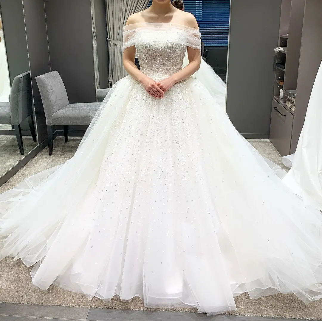 Classic A-Line Wedding Dress For Women Sequins Pearls Bridal Gown Boat Neck Sleeveless Skirt Sweep Train Dresses Custom Made