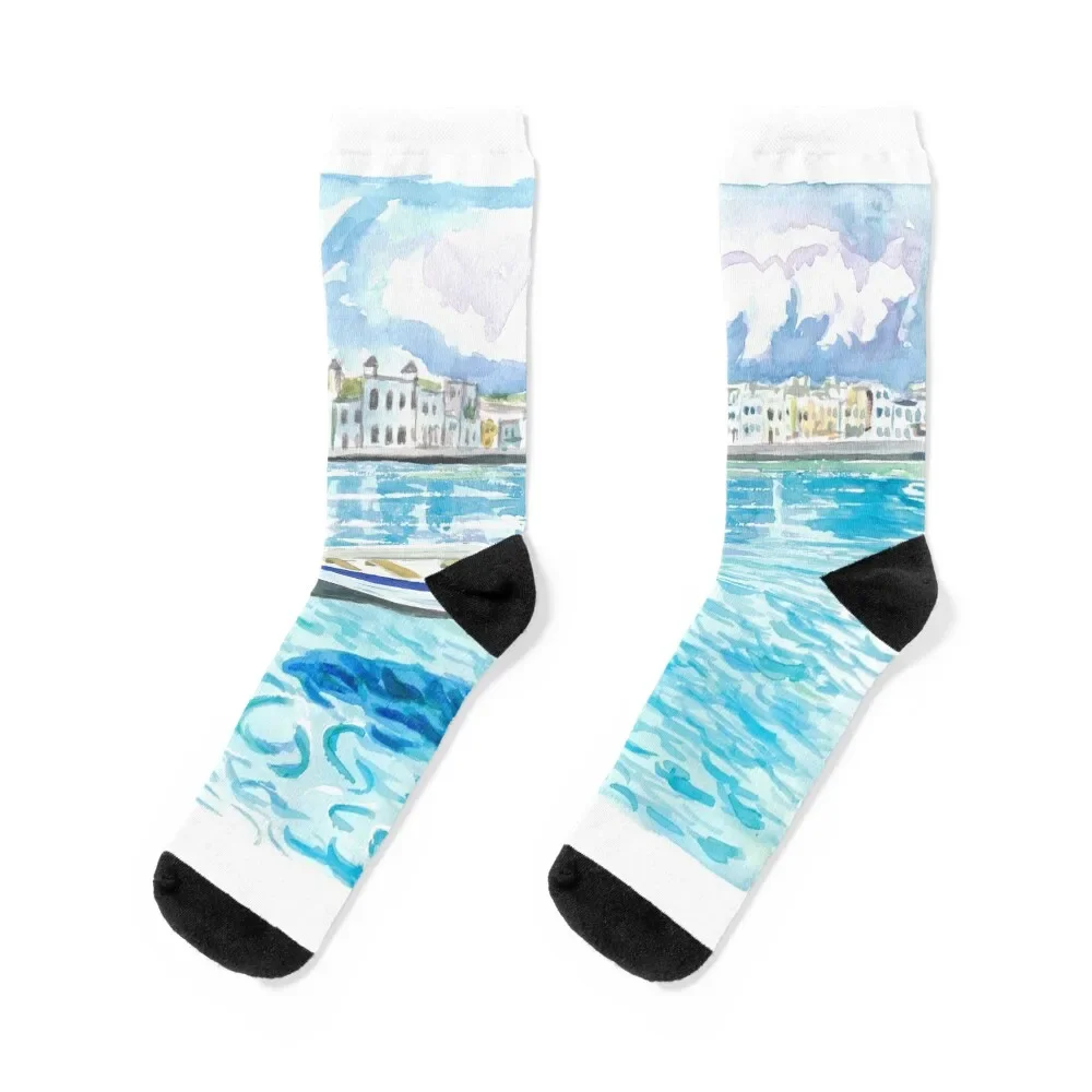 Mykonos with Floating Boat On Turqoise Aegean Waters Socks kids summer snow Socks For Girls Men's