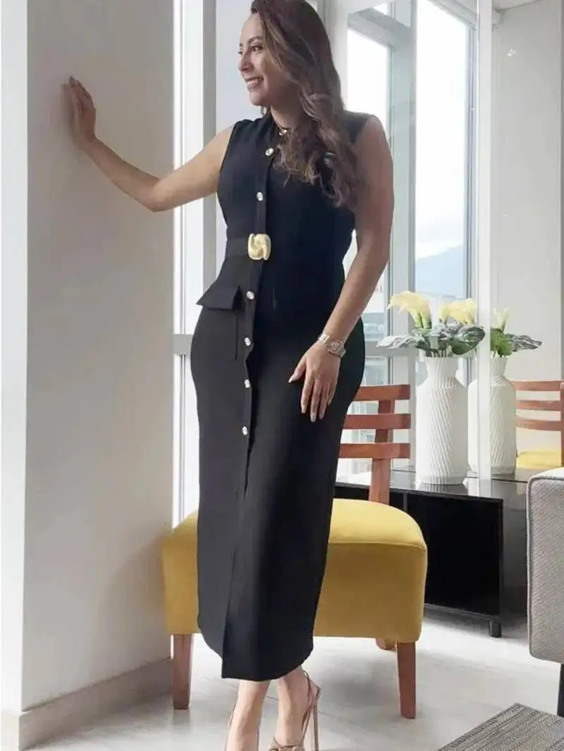 Damskie czarne sukienki z paskiem, długie sukienki, letnie sukienki damskie 2026, codzienne sukienki midi bez rękawów, sukienki zapinane na guziki, dopasowane sukienki 9COH