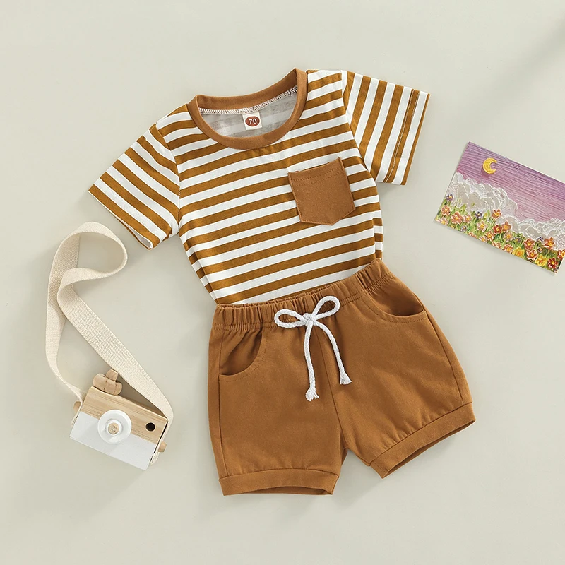 Newborn Baby Boy Clothes Toddler Summer Outfit Short Sleeve Striped Top Infant Shorts Set