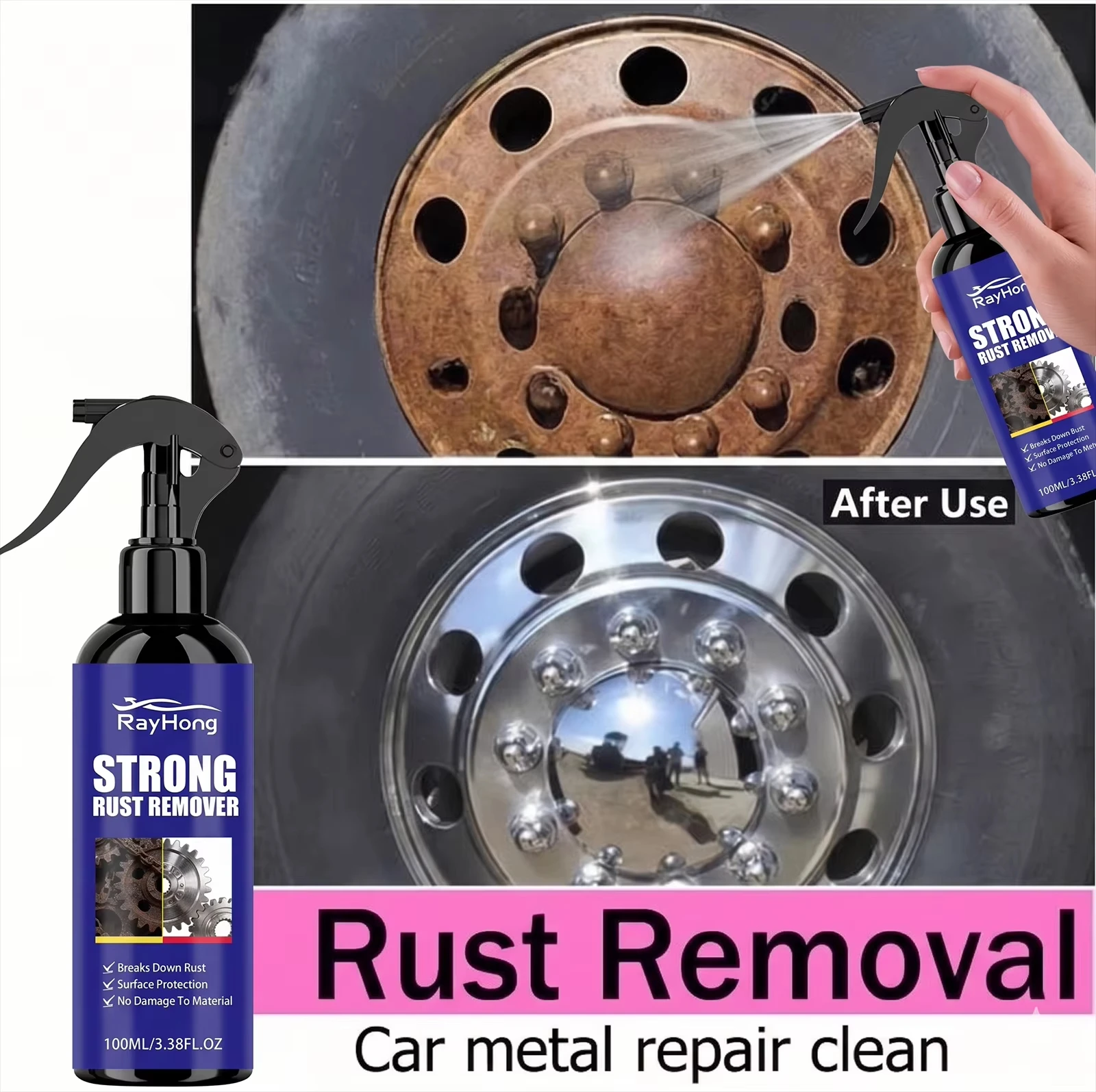 100ml Strong Rust Remover Spray Car Hub Rust Remover Metal Surfaces Iron Stain Cleaner Rust Inhibitor Derusting Agent Protection