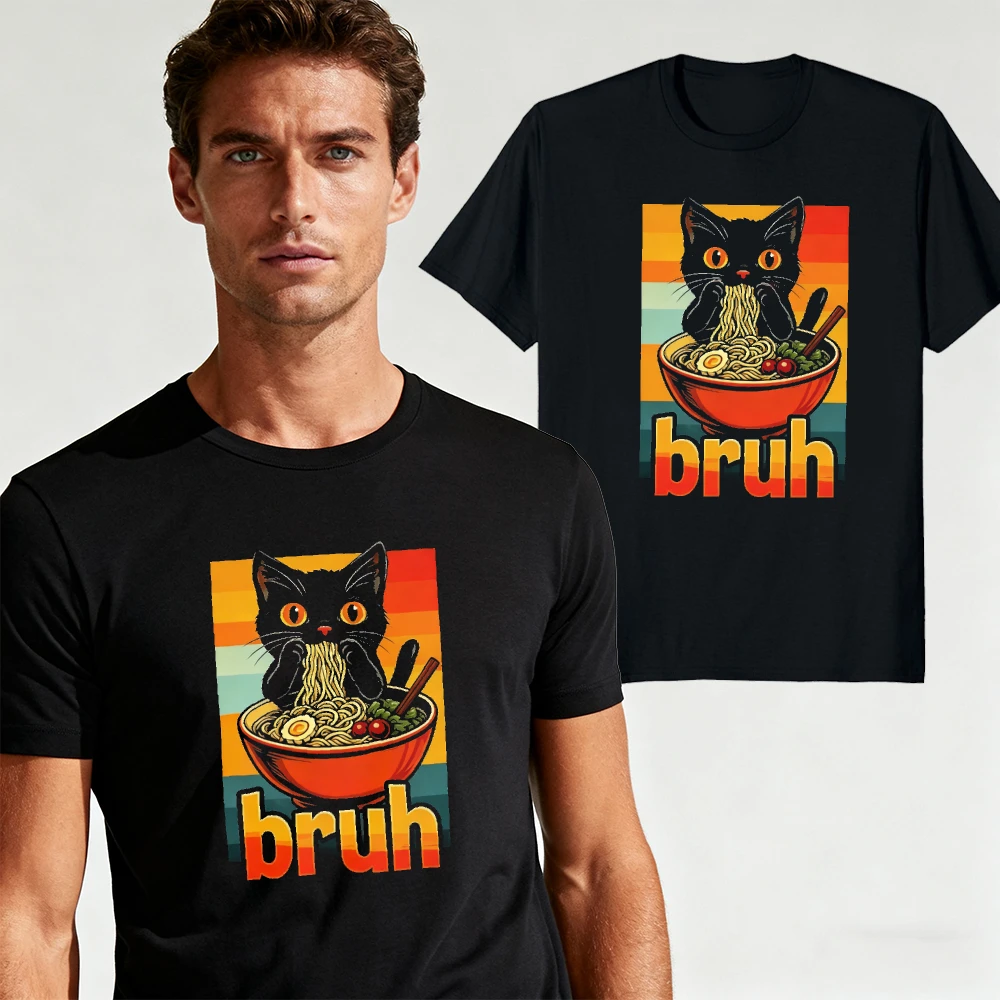 Black Cat Eat Ramen Bruh Retro Striped Background Men Summer T Shirt Funny Anime Cat Trendy Street wear Casual Daily Holiday Top