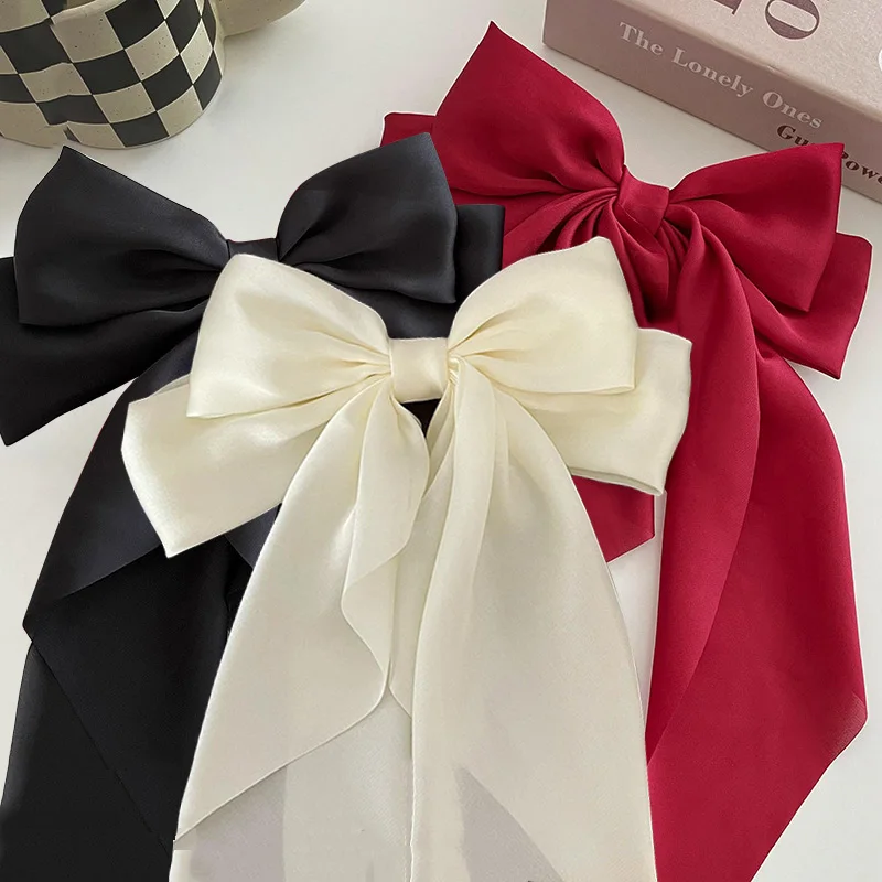 Fashion Bow Ribbon Hair Clip for Women  Elegant Solid Satin Hairpin Retro Bow Spring Clip Girls Headband Hair Accessories