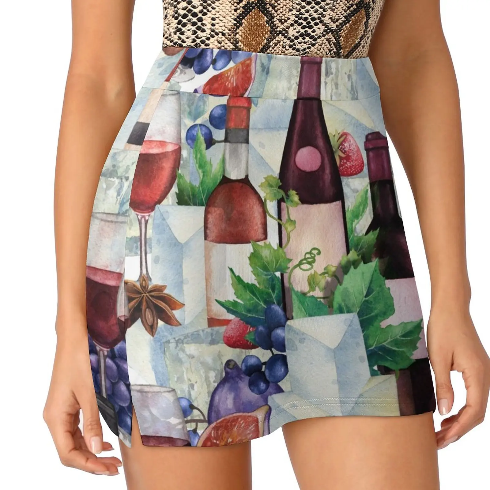 

Watercolor wine glasses and bottles decorated with delicious food Light Proof Trouser Skirt night club outfits