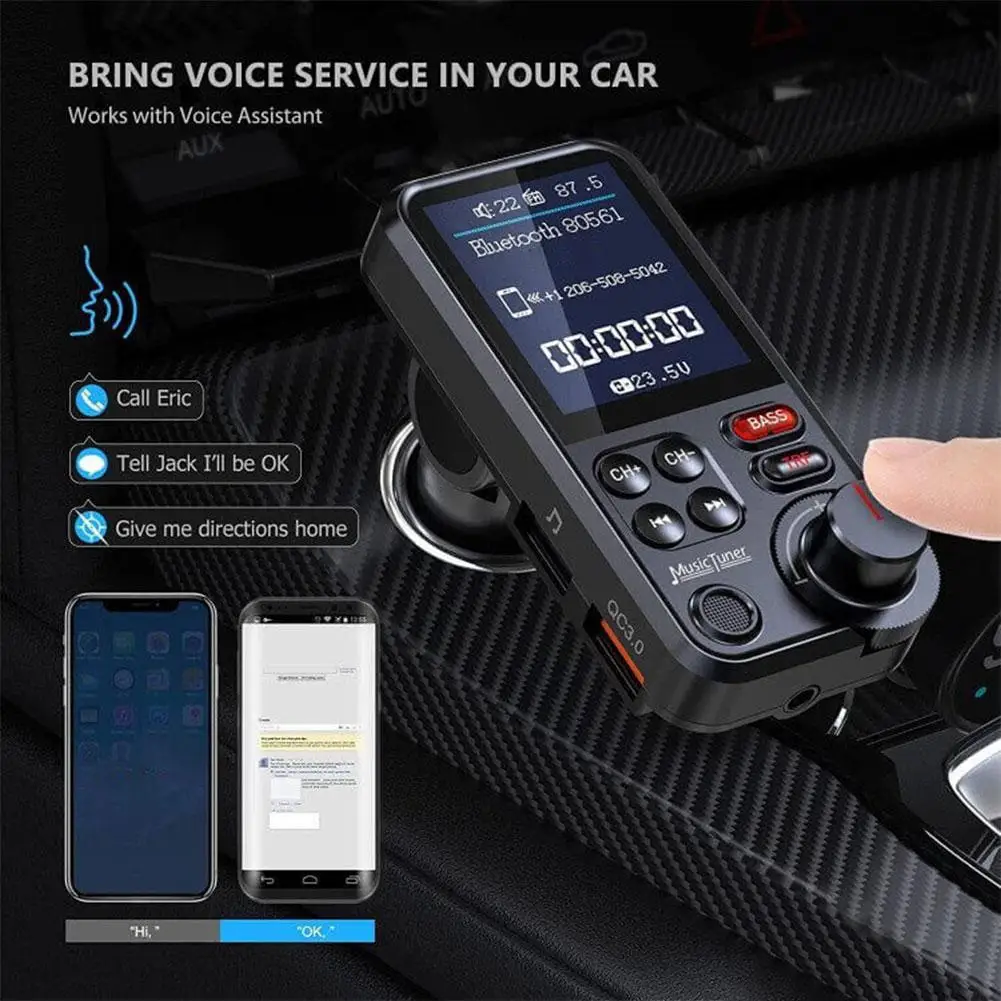 جهاز إرسال بلوتوث FM للسيارة، محول سيارة بلوتوث ميكروفون QC3.0 مشغل موسيقى، يدعم بطاقة Aux/TF/محرك USB A6F8