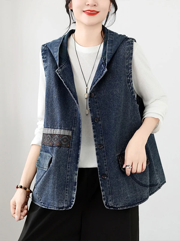 Loose Casual Hooded Denim Vest Women's plus Size Sleeveless Short Shoulder Pad Jacket Autumn 2026 Pure Cotton Inner Wear