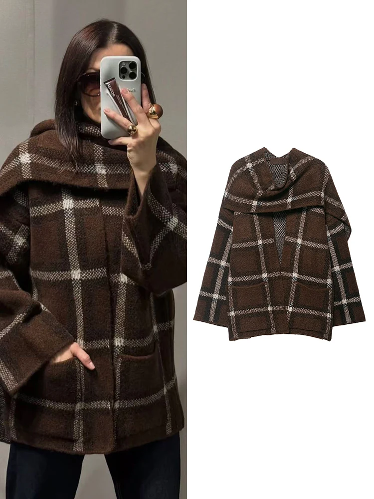 

TFMLN Women Casual Scarf Collar Knitted Coat Fashion Plaid Pocket Loose Outerwear Daily Commuting Street Jackets Fall Winter