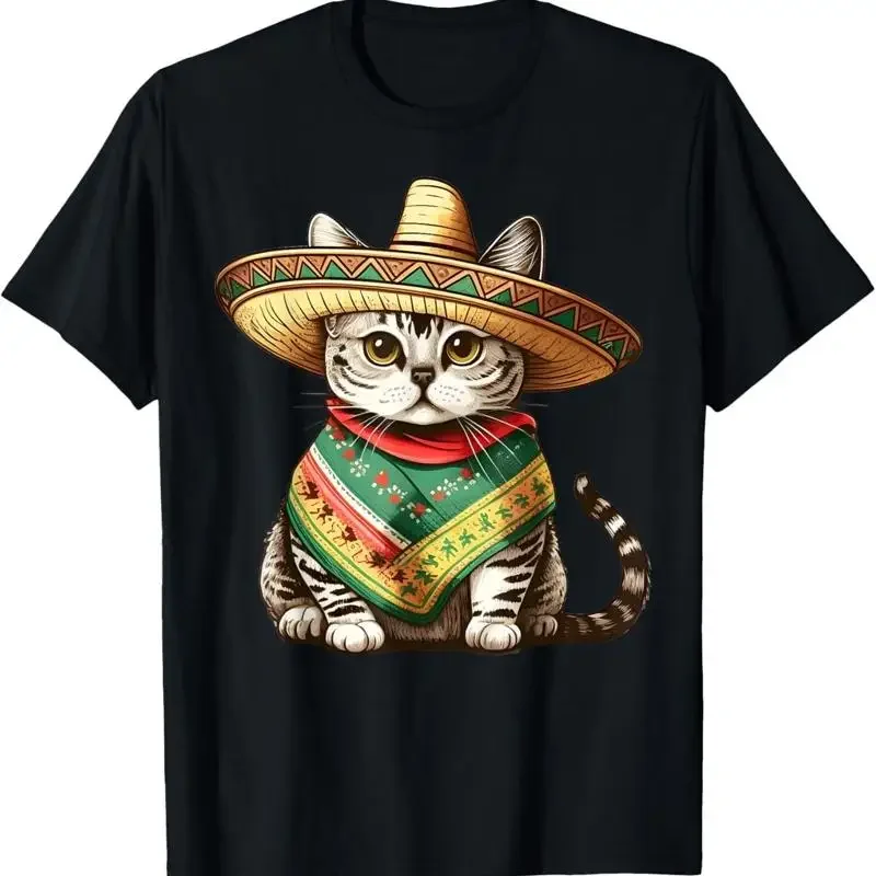 

Cute Mexican Cat Sombrero Poncho Graphic T Shirt Men Summer Trip Casual Tee